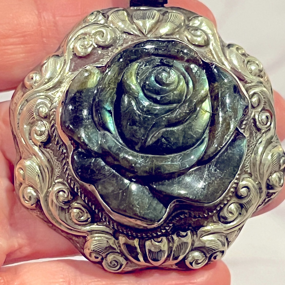 Gorgeous Carved Labradorite Rose set in Tibetan Silver Pendant